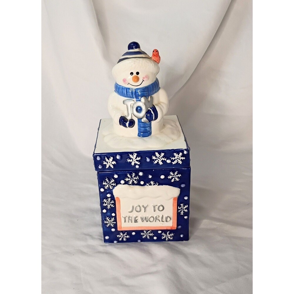 Joy To The World Blue And White Snowman Candy Cookie Jar Houston Harvest